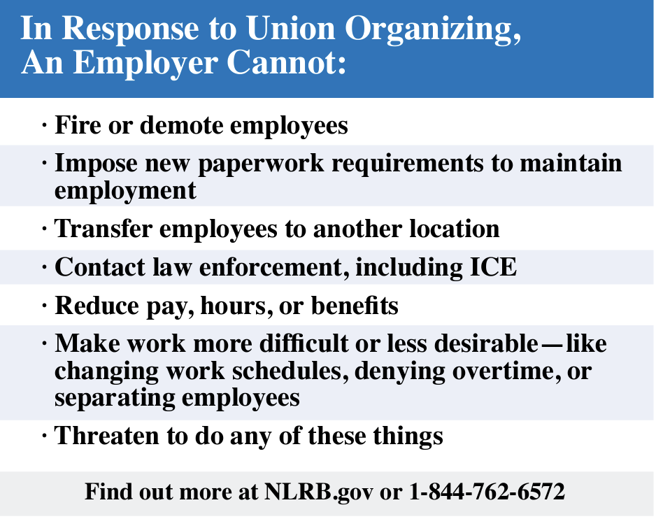 Things Employers Cannot do in Response to Union Organizing flyer
