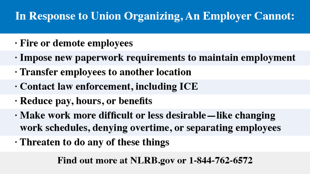 "In response to Union Organizing, an employer cannot" social media graphic