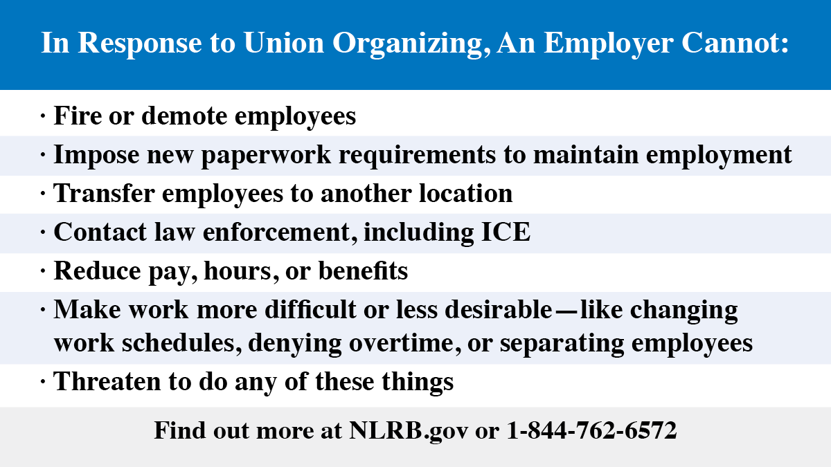 "In response to Union Organizing, an employer cannot" social media graphic